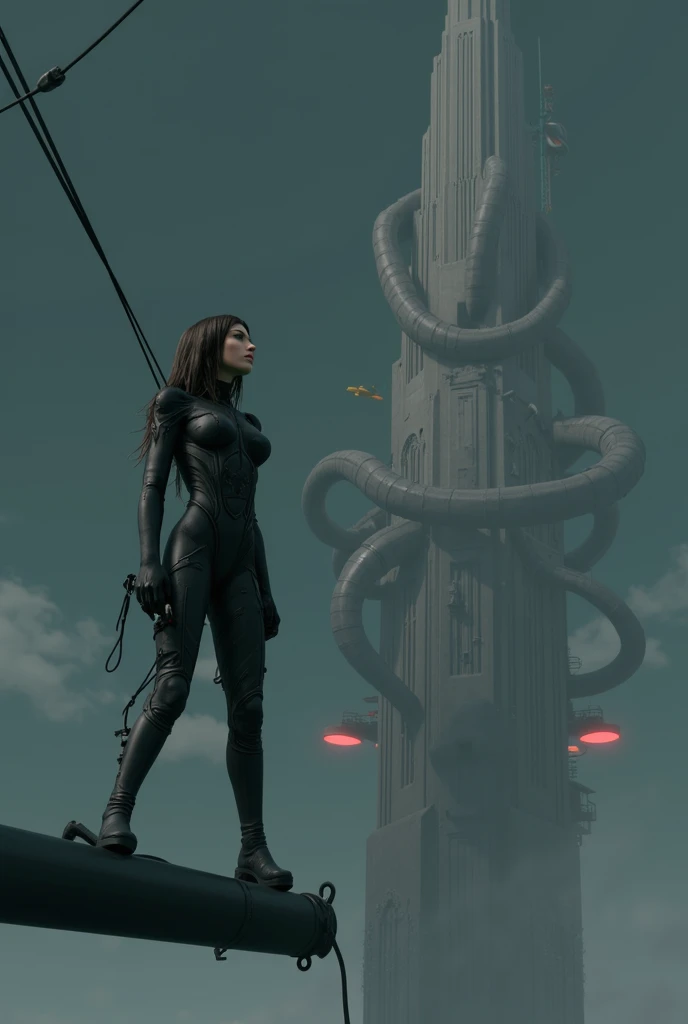  Vertiginous megacities futurism ,  on a dark sky . Avec ces tour haut. Inhabited bridges .  World Futurism .  Des colonnes en bas des formes de racine,  Armed with a black biomechanical weapon with cables connecting with her integral stealth suit {x} {x} ...