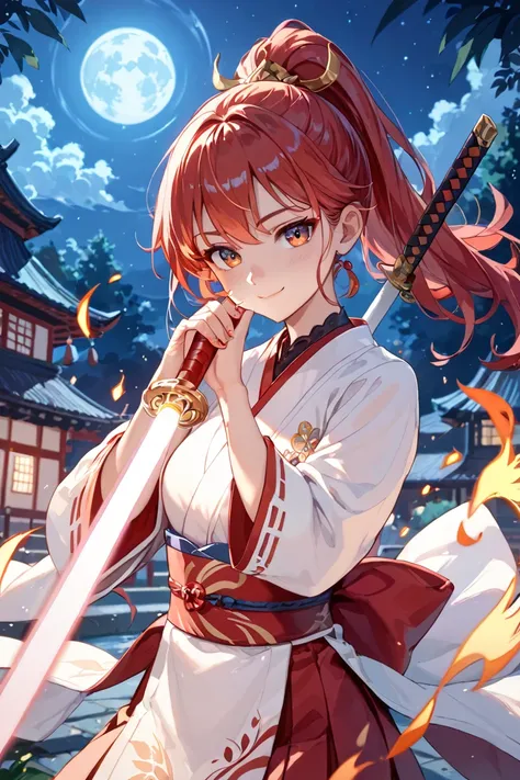 delicate face、soft light、night、Dance、Girl Swordsman 、samurai、Red Hair、 ponytail 、Flaming Sword、sparks