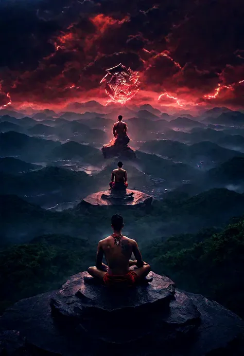 a sad man on the top of a mountain, shirtless, meditating, muscular body, red dragon tattoo on back, like a statue, rain and stars around him, dramatic lighting, cinematic, hyper realistic, 8k, best quality, highly detailed, photorealistic, dramatic lighti...