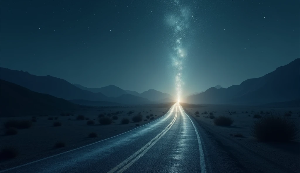 realistic digital art in 3D,  A road illuminated by a soft light emanating from a distant star, symbolizing the path of salvation .  The surrounding environment is dark and arid ,  but starlight creates a path of peace .