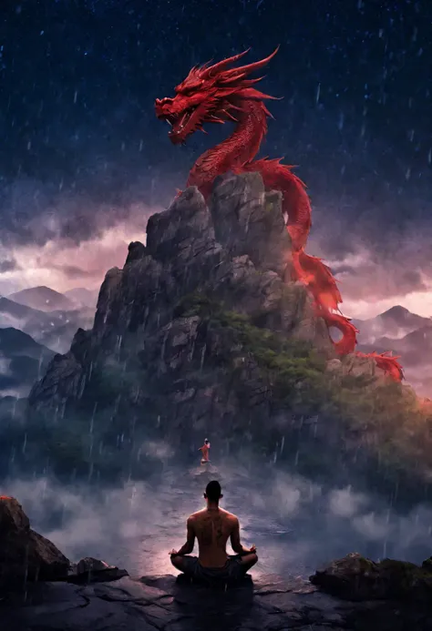  Man is sad under the rain ,Top of a mountain,beefy, shirtless ,meditating, tattoo of a red dragon on his back,Like a statue ,  around it is the rain and the stars 