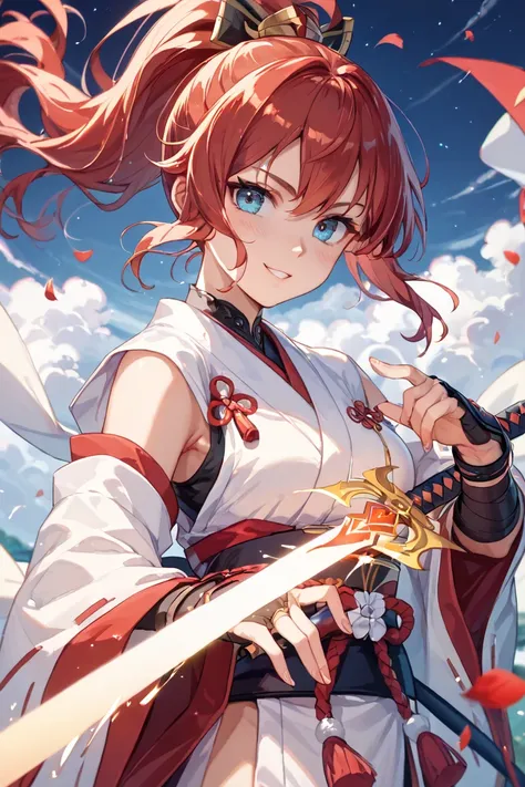 delicate face、soft light、 High Quality 、night、dance、Girl Swordsman 、samurai、Red Hair、 ponytail 、Flaming Sword、sparks