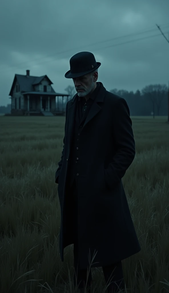 Create A American Serial Killer Man Wear Black Coat And Black Cap On Head , Doing Farming In The Fields , A Village Creapy House In Background Night Time