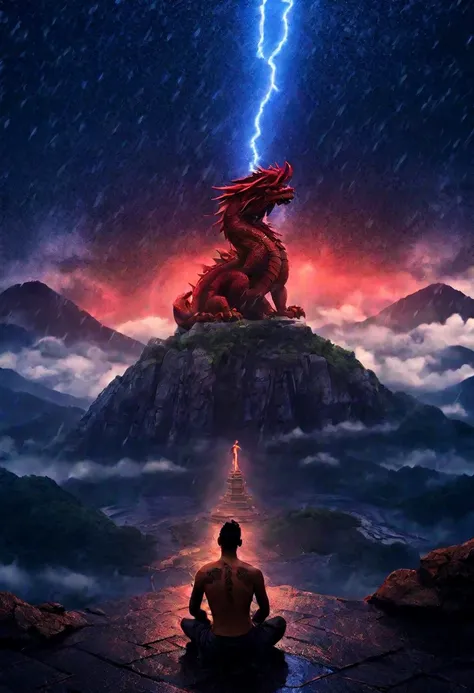  Man is sad under the rain ,Top of a mountain,beefy, shirtless ,meditating, tattoo of a red dragon on his back,Like a statue ,  around it is the rain and the stars ,Volcan in the background,Storm and Rallos