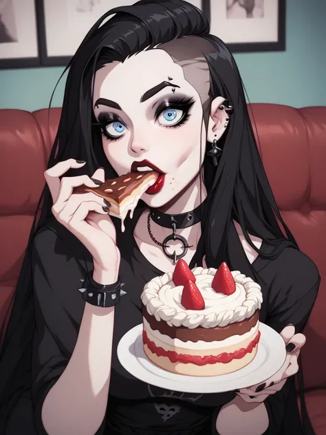 score_9, score_8_up, score_7_up, score_6_up, 1girl, long hair,  g4n1m3, goth, red lipstick, sitting on the couch, eating a cake, prominent Neck, tall body shape, surfeit to eat, pale skin, round blue eyes, face focused, black eyebrows, wide eyes, overeatin...