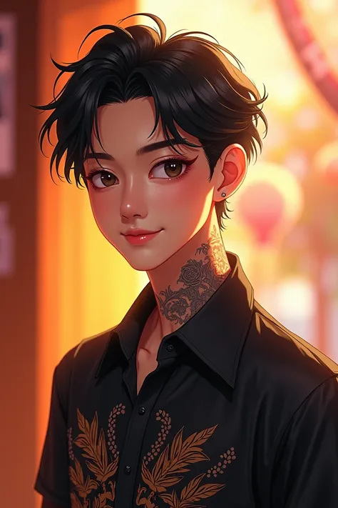 An Asian man with a round face , มี Glazed Tile Skin เงา, Have a tattoo, Glazed Tile Skin , fine eyes , She wore a black blouse with a graphic print. "Hello" Buriram" Bright colors, Digital Anime Illustration ,  style Art Germ ,  is becoming popular in CGS...