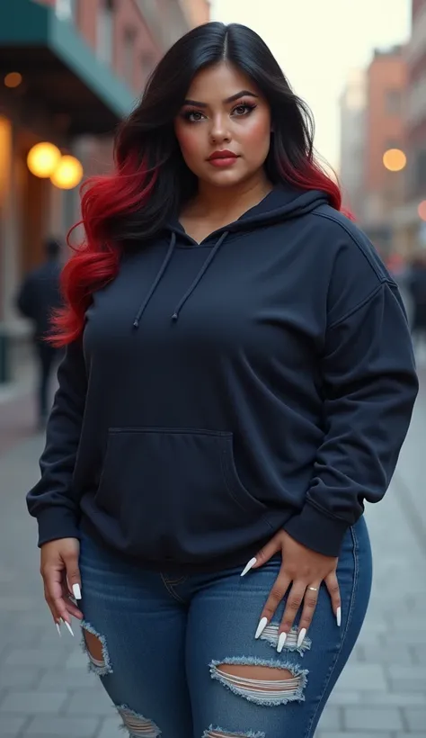 Create digital portrait of a chubby plump bbw, hispanic Woman she has black, asian eyes. Has long, black, wavy hair, and red ombre on the tips of her hair. She wears a navy blue and black hoodie. Standing wearing skinny ripped jeans with a round big butt, ...