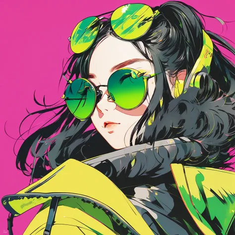 Anime girl with sunglasses in her hair, Guweiz style artwork, digital illustration style, anime style illustration, anime style 4k, yellow-green eyes, With shining eyes, anime style. 8K, Hero, Persona 5 art style wallop