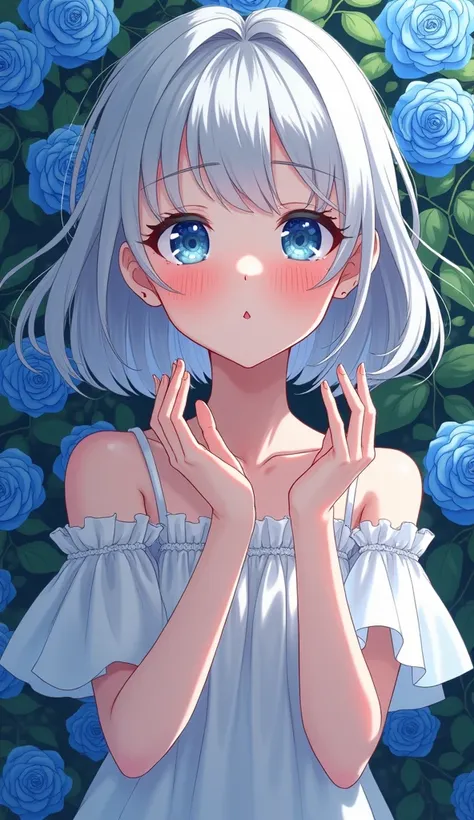 Anime art style, ilustration type, young woman, silver hair, pale skin, blushing a lot, throwing a kiss to the air, blue rosebush background