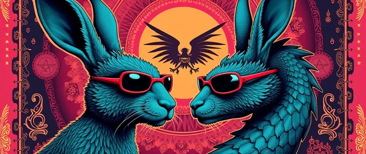 1000 Deep State red and green banknote with hare and dragon with red glasses who controls the matrix pop art style silkscreen filigree fluorescent cyberpunk satanist
