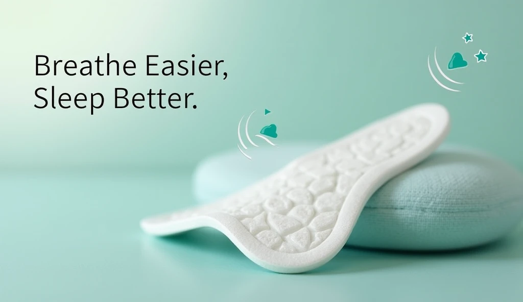 "Create an image of the OxyBoost Magnetic Nasal Strip in a close-up shot, highlighting its texture and magnetic design. Use soft, calming colors like light blue or green in the background to evoke comfort. Include the text: Breathe Easier, Sleep Better. Ad...