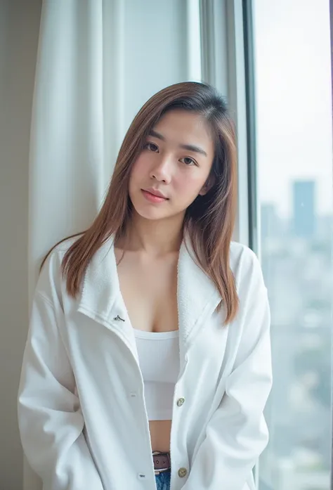 closed-up shot of young thai  woman , medium breasts , slender, long brown natural loose hair   is wearing a white towel, revealing her seductive and sexy side, exuding her feminine charm. She stand next to window in a modern minimalist luxury condominium....