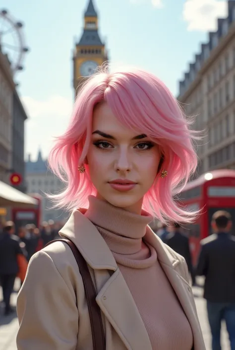 realistic portrait of a young woman with vibrant pastel long pink hair, the exact shade of bright cotton candy pink, styled elegantly, standing in a bustling London street. She has large, almond-shaped eyes with a soft pink hue, perfectly complementing her...