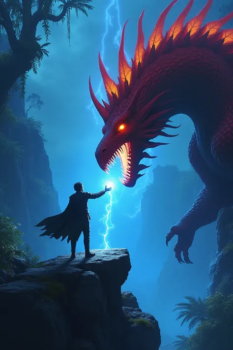 Scene 1: The Hero Meets Toruk
Prompt:
A stunning bioluminescent jungle on Pandora, glowing plants and vines surrounding a fearless hero. He stands on a towering rock formation, reaching out to bond with Toruk, a massive red, dragon-like creature with vibra...