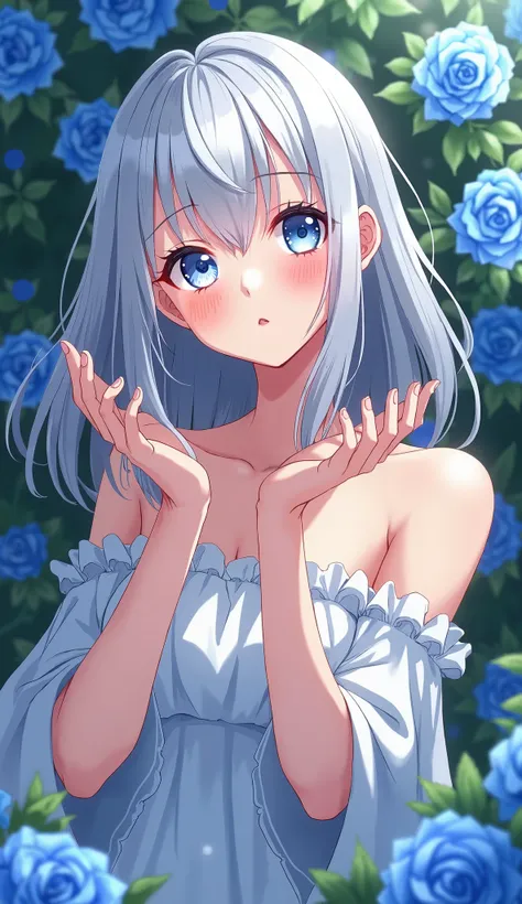 Anime art style, ilustration type, young woman, silver hair, pale skin, blushing a lot, throwing a kiss to the air, blue rosebush background