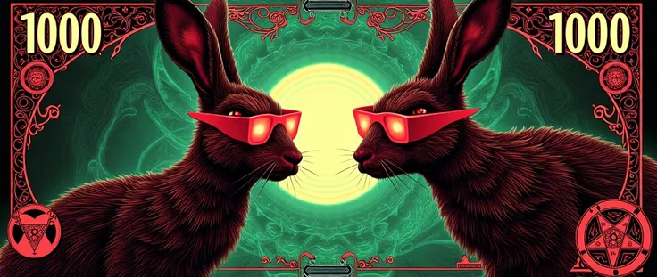 1000 Deep State red and green bank note with hare and dragon in red glasses that controls the matrix filigree style fluorescent cyberpunk satanist phosphorescent 
