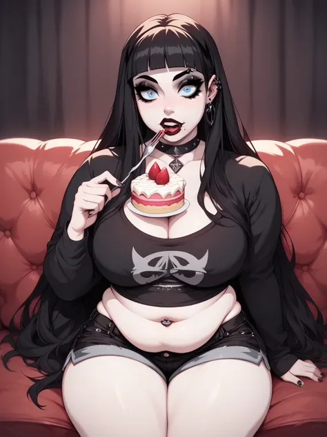 score_9, score_8_up, score_7_up, score_6_up, 1girl, long hair,  g4n1m3, goth, red lipstick, sitting on the couch, eating a cake, prominent Neck, tall body shape, chubby belly, gained some weight, surfeit to eat, pale skin, round blue eyes, face focused, bl...