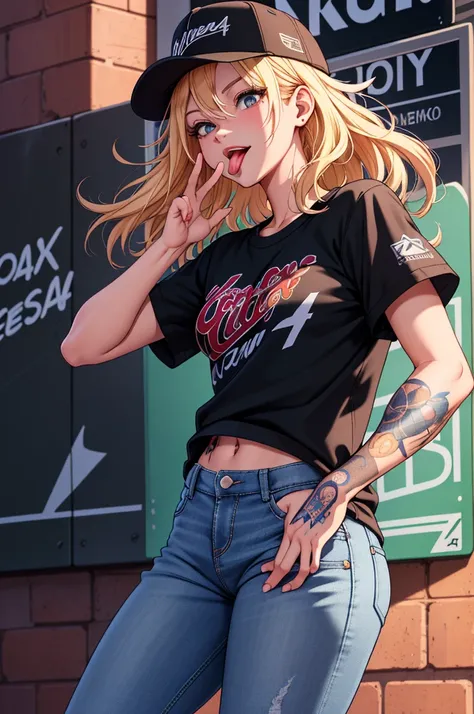 (extremely detailed CG unity 4k wallpaper),(masterpiece),(best quality),(ultra-detailed),(best illustration),(best shadow),(absurdres),(Detailed background), NYC Skate park background, Female, slim, sticking her tongue out playfully, Reverse baseball cap, ...