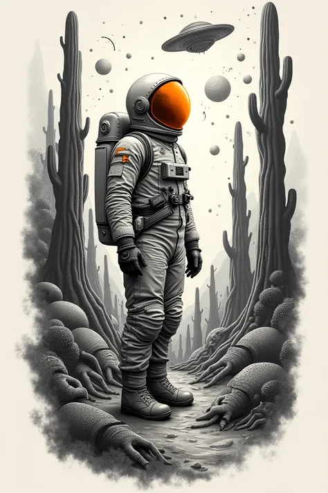  Create a realistic style image ,   Create a tattoo on a forearm . In this image, in realistic style in black and gray .  Create a man wearing an astronaut costume with an orange glass visor standing looking up.  Also draw large trees and alien animals aro...