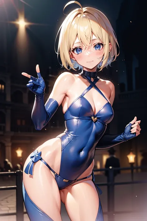 (  Masterpiece  ),  top quality,  expressive blue eyes ,  perfect face,  high definition ,  one girl, Alone, Blonde,  blue metallic bikini, Ahoge, Elbow-length gloves、 abdomen,  place your hands on your lower back, smile,  fantasy background, particle,  ma...