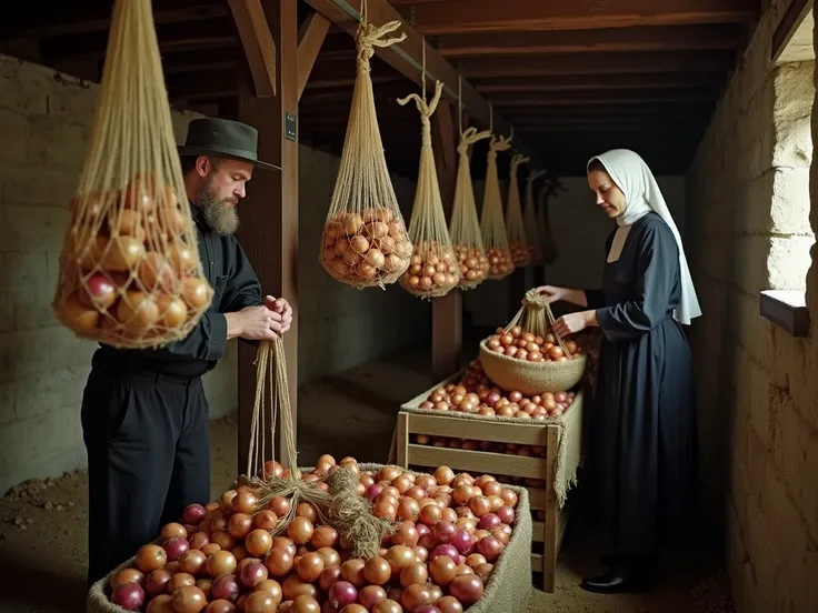 A cinematic, documentary-style scene illustrating the Amish method of storing onions in mesh nets and burlap sacks. The setting is a cool, dimly lit cellar with wooden beams and stone walls, designed to maintain a dry and ventilated environment. Hanging fr...