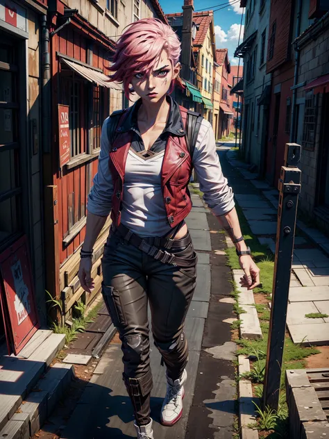 (High Detail:1.2) Anime girl, (Best quality, Detailed), Top quality, high resolution, perfect human structure, 1girl, (solo), short hair, pink hair, (white eyes), serious, gravelly:1.3, dark:1.2, fair skin, beautiful, small breasts, red jacket, white vest,...