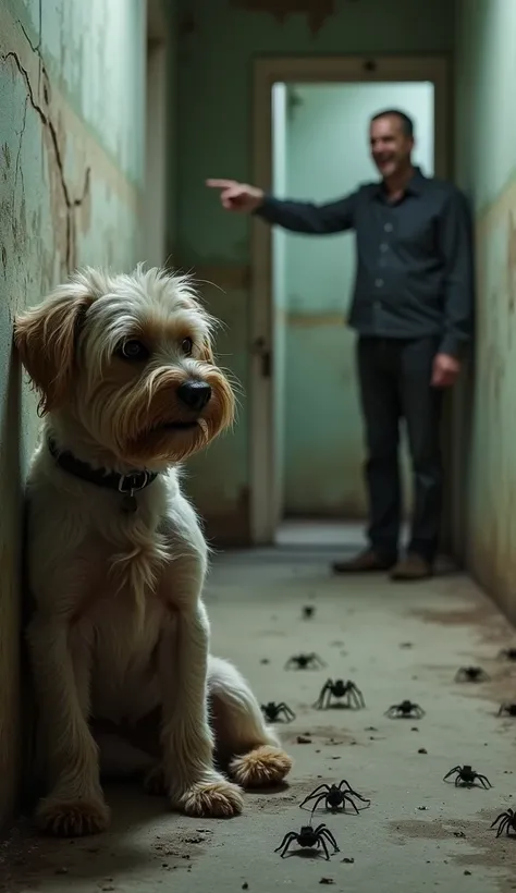 A realistic depiction of a scared Yorkshire puppy,  sad and indented . He is leaning against a wall in a corridor of an abandoned house.,  the house has dirty and cracked walls .  On the floor of the house there are several spiders surrounding the dog .  T...