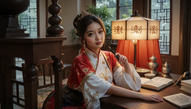 A photo of a beautiful girl in a traditional Chinese dress looking at ancient chinese book under lamp on a low table in garden surrounded by old walls in a peaceful night,((her right hold a pen and her left hand place on table)),((masterpiece)),realistic,4...