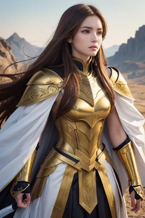 A female warrior dressed in golden armor. She has long reddish brown hair and looks into the distance with sharp eyes and a dignified expression. He is covered with shiny metal armor and wears a white cloak on his shoulders. The glossy armor is particularl...