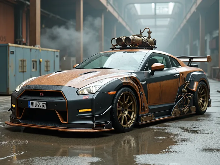 Nissan GT-R in steampunk style, sleek and aggressive aerodynamic design with intricate brass and copper details, visible gears, pipes, and steam exhausts integrated into the body, vintage industrial textures, exposed mechanical components, leather accents,...