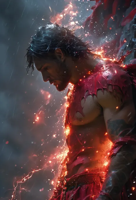  Man is sad under the rain ,Top of a mountain,beefy, shirtless ,meditating, tattoo of a red dragon on his back,Like a statue ,  around it is the rain and the stars ,lights and shadows