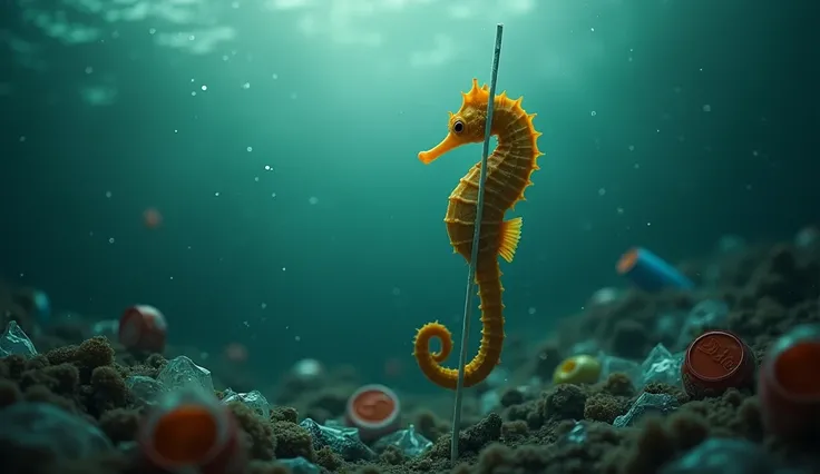 A powerful underwater scene showing a golden-yellow seahorse clinging to a plastic straw floating in a murky ocean. The water is littered with plastic bags, soda can rings, and other debris, creating a grim representation of pollution. The seahorse appears...