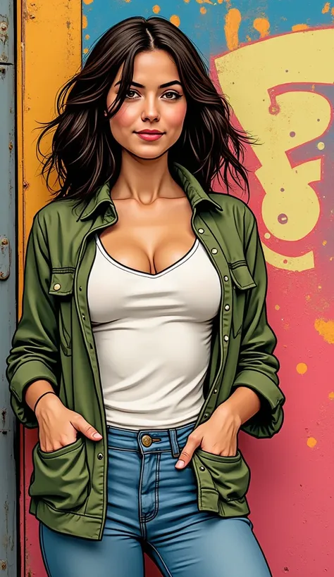 DISCREET image. with discreet casual clothes. image adult woman, american, comic book style. with a discreet smile. IMAGES WITH VIBRANT COLORS.