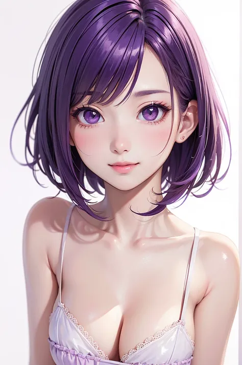  Best Quality , high definition ,8k, (a pure white background), (no details), (no scenery), (completely blank background),( Masterpiece :1.2), pretty girl,Big Breasts,( glossy purple hair:1.3),(short hair),bob cut,Beautiful purple eyes,break,,pajama,Gentle...