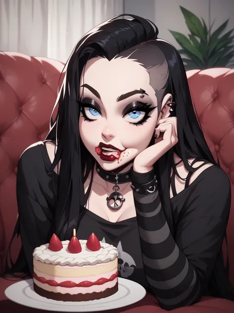 score_9, score_8_up, score_7_up, score_6_up, 1girl, long hair,  g4n1m3, goth, red lipstick, sitting on the couch, eating a cake, prominent Neck, tall body shape, fulled belly, gained some weight, Tall height, surfeit to eat, pale skin, round blue eyes, fac...