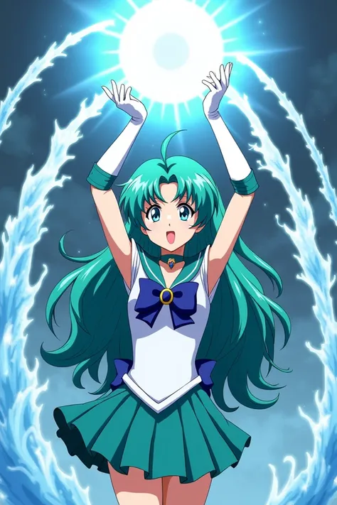 Make me an image of Sailor Neptune, a young adult with long hair up to her wavy neck, wearing her aquamarine green scout dress with a bow on her chest, long white gloves and with her arms raised upwards and in her hands she has a large water ball surrounde...