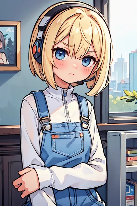 (  Masterpiece  ,  top quality),  1 girl,  beautiful face,  beautiful body,  overalls ,  Bodysuit ,  Headset Interface , white  Bodysuit 、Blonde,  bangs between eyes,  bob hair,  blue eyes,  blush,  open her mouth ,  frowns, 