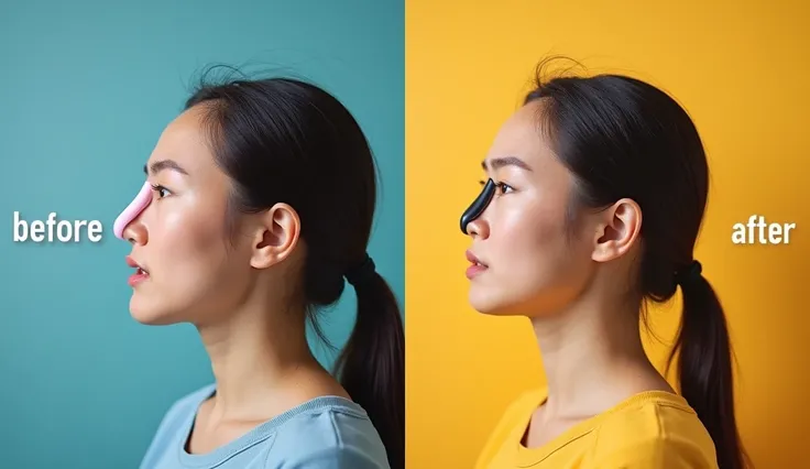 "Design a split-screen image with a before and after scenario. On the left side, show a person struggling to breathe, and on the right side, show the same person with the OxyBoost Magnetic Nasal Strip in place, breathing comfortably. Use contrasting colors...