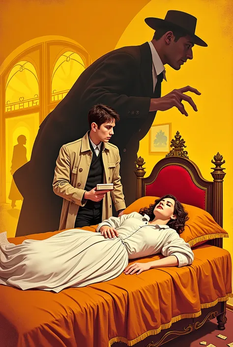 An intricately illustrated thriller movie poster in a classic vintage style, set against a mysterious yellow color palette. The scene depicts a beautiful french young woman dead body on a lavish antique bed, surrounded by an opulent yet eerie bedroom with ...