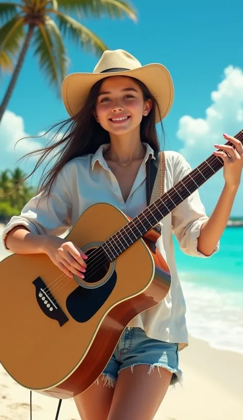 The girl plays guitar on a tropical beach during the day, with the focus on her in the foreground. The setting features clear blue skies, bright sunlight, and a vibrant, lively atmosphere typical of a tropical paradise.

Soft, natural lighting enhances her...