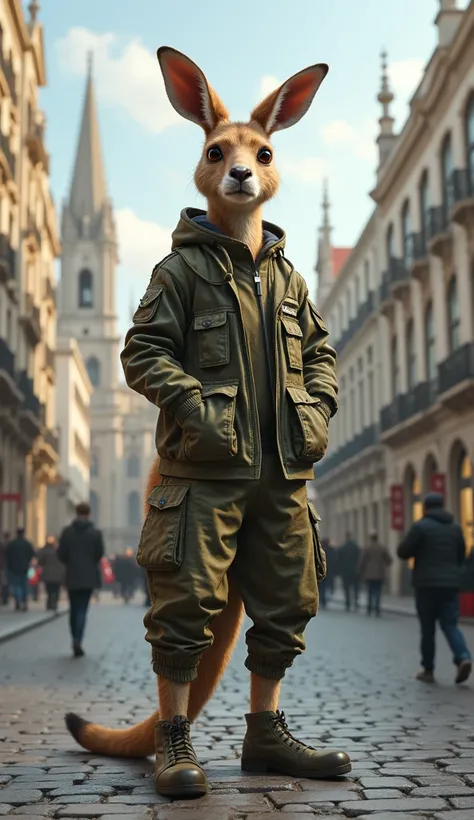 Generate a realistic image of a female kangaroo wearing womens military clothing amidst a European city setting