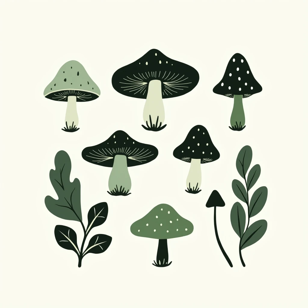 Create a Design of monochrome mushroom motifs with tones of green and dark green.
Style: Minimalist, Scandinavian-inspired, or Art Nouveau.
Motifs: Focus on the shapes and forms of mushrooms, such as caps, stems, and spores.
Color Palette: Black and white,...