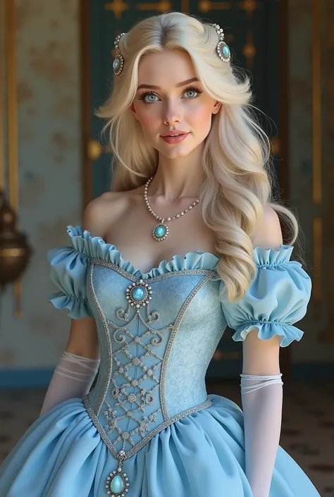  Princess of platinum blonde hair,  big blue eyes, adult and sexy body,  beautiful classic sky blue dress with many details,  beautiful pendant with a blue pearl,  slim and curvy figure, suggestive posture,  in the background is the Kingdom, high definitio...