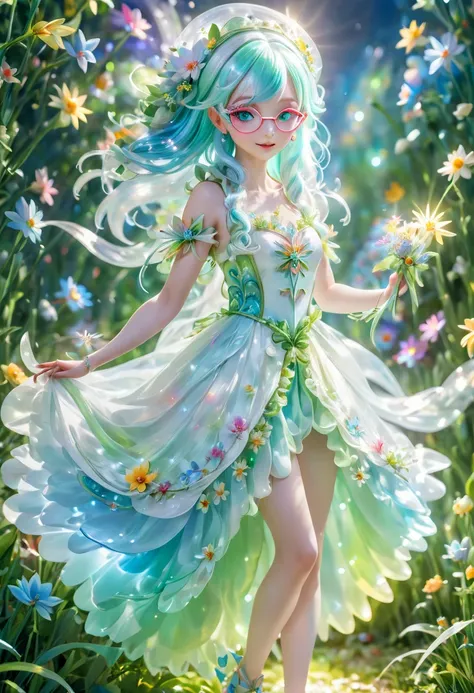 full body portrait of a shy female fairy girl with pointy ears and white and light blue hair with light green hair strands with light colorful fairy wings and a light cloth dress with decorations, sie trägt eine runde Brille, shiny light green eyes, in her...