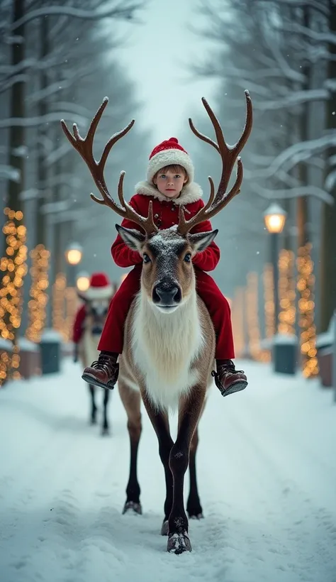 lyrics,   masterpiece ,  ultra high resolution , (realism: 1.4),  a pretty Santa Claus reindeer with silky brown and white hair on his chest. His eyes are big and bright . He is walking along a snowy road .  On top of his back he carries an elf Santa Claus...