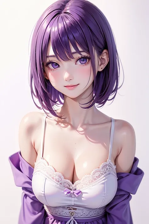  Best Quality , high definition ,8k, (a pure white background), (no details), (no scenery), (completely blank background),( Masterpiece :1.2), pretty girl,Big Breasts,( glossy purple hair:1.3),(short hair),bob cut,Beautiful purple eyes,break,,pajama,Gentle...