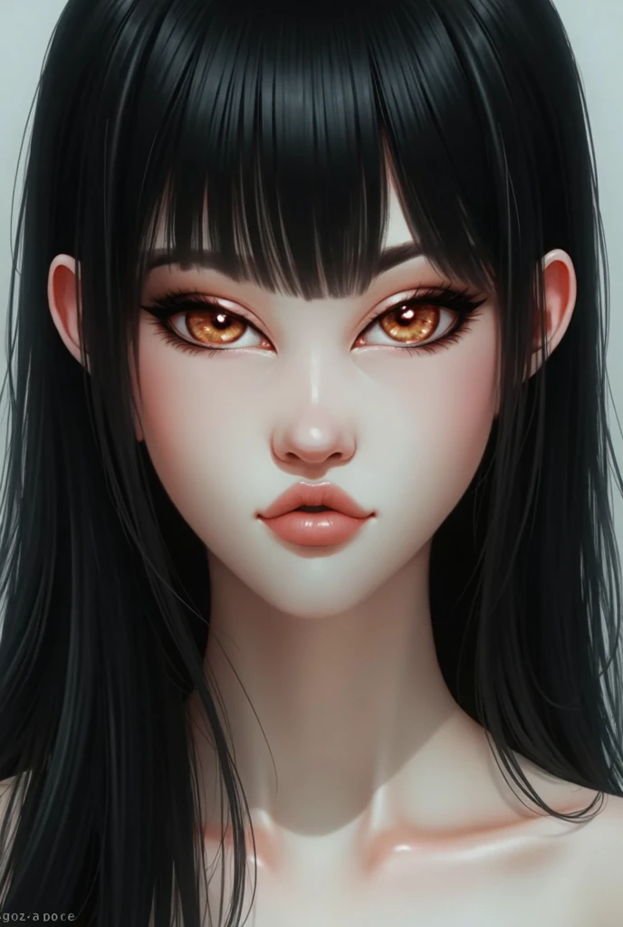  beautiful woman ,  black cabello,  straight hair , fringe,  long hair ,  pink lips,  yellow eyes, yellow eyes,  white skin , 