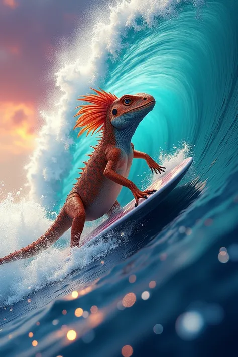 Draw me a Chlamydosaurus kingii surfing 