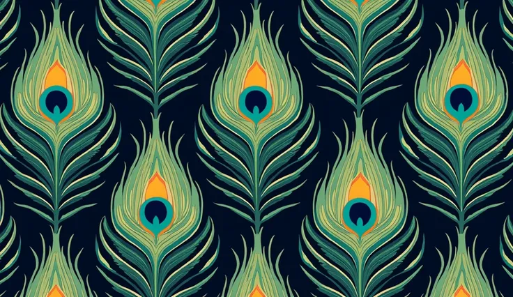 A repeating pattern of stylized peacock feathers, with intricate folk-inspired details. The feathers are rendered in vibrant greens, blues, and golds, arranged symmetrically against a deep navy background, creating an elegant and timeless design."