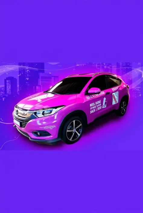 A modern pink and purple car that is on the road